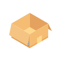 Open corrugated isometric box. Concept for cargo shipping, unpacking.Vector icon isolated on white background.