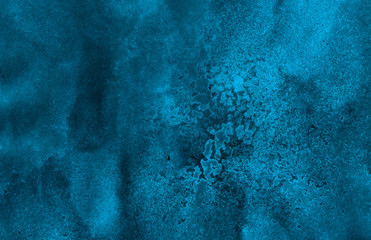 Deep dark glowing blue neon watercolor on black paper illustration. Creative lightning night sky and thunder background. Aquarelle painted ink canvas, cosmic card template for modern design