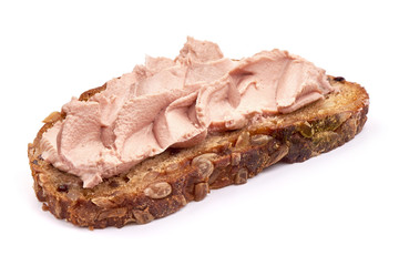 Sandwich with homemade chicken liver pate, isolated on white background