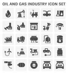 Oil and gas industry icon i.e. global process of exploration, extraction and refinery. Transport by oil tanker and pipeline. Business of petroleum product. Gas station and refuel. Vector icon set.