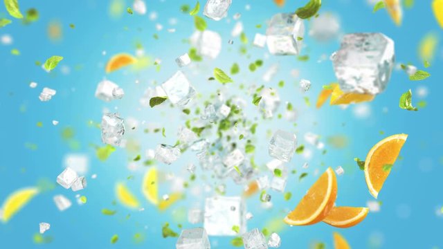 Exploding frosted ice cube with fruits and leafs in 4K