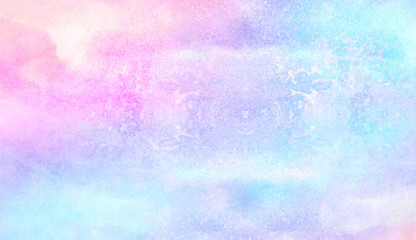 Watercolor paper textured ink effect grungy wet pastel illustration for design. Modern creative smeared blue, purple and pink shades aquarelle background for vintage card, retro template