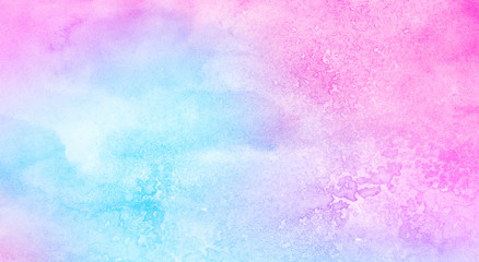 Watercolor paper textured ink effect grungy wet pastel illustration for design. Modern creative smeared blue, purple and pink shades aquarelle background for vintage card, retro template