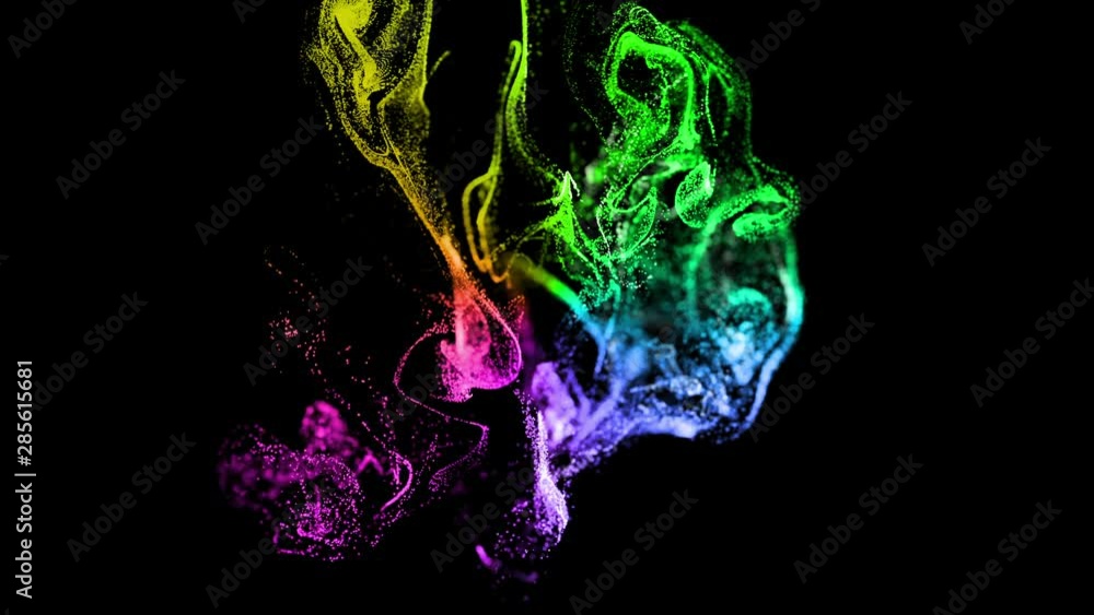 Poster 3d ink effect of advection, luminous multicolor particles float in liquid. glow particles move in a 