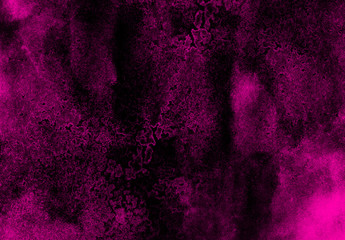 Creative dark pink paper texture water color painted illustration. Magenta watercolor on black background. Colorful smeared fuchsia neon paper textured aquarelle canvas for creative design