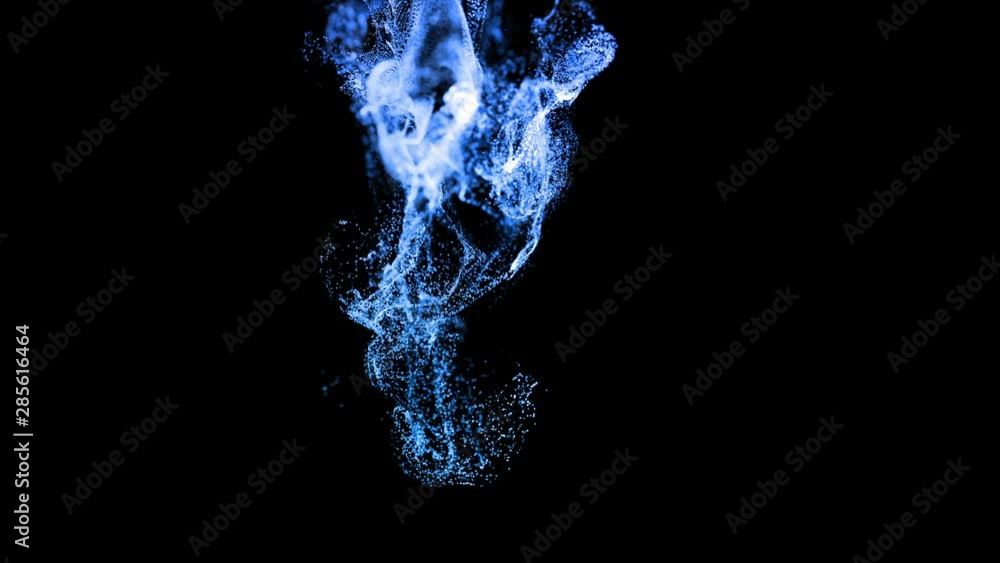 Poster 3d ink effect of advection, luminous blue particles float in liquid. glow particles move in a stream