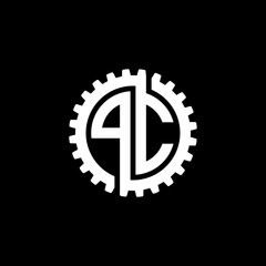 Initial letter P and C, PC, interlock cogwheel gear monogram logo, white color on black background