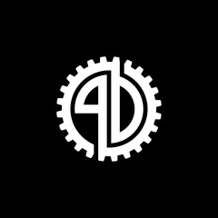 Initial letter P and D, P and O, PD, PO, interlock cogwheel gear monogram logo, white color on black background