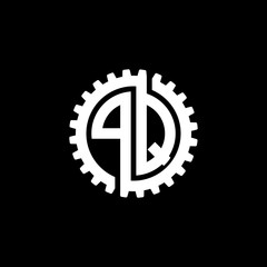Initial letter P and Q, PQ, interlock cogwheel gear monogram logo, white color on black background