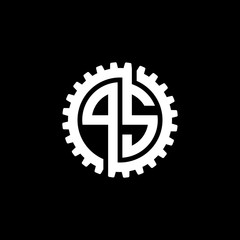 Initial letter P and S, PS, interlock cogwheel gear monogram logo, white color on black background