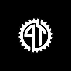 Initial letter P and T, PT, interlock cogwheel gear monogram logo, white color on black background