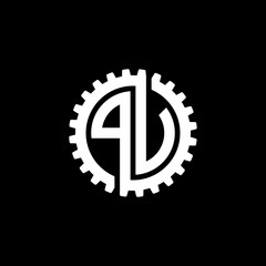 Initial letter P and U, P and V, PU, PV, interlock cogwheel gear monogram logo, white color on black background