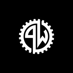 Initial letter P and W, PW, interlock cogwheel gear monogram logo, white color on black background
