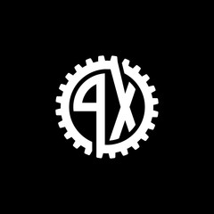 Initial letter P and X, PX, interlock cogwheel gear monogram logo, white color on black background