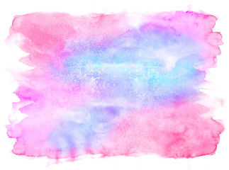 Watercolor paper textured ink effect grungy wet pastel illustration for design. Modern creative smeared blue, purple and pink shades aquarelle background for vintage card, retro template
