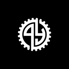 Initial letter P and Y, PY, interlock cogwheel gear monogram logo, white color on black background