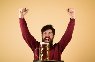 Excited bearded man with lager beer. Happy brewer with glass with ale. Man tasting draft beer. Equipment for preparation of beer. Brewery concept. Beer pub and bar. Man with mug of beverage. Brewer.