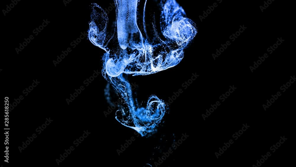 Poster 3d ink effect of advection, luminous blue particles float in liquid. glow particles move in a stream