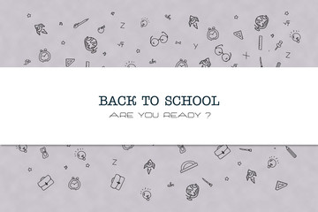 Concept Back to school. The inscription on a white background. Various hand-drawn school supplies. Education.