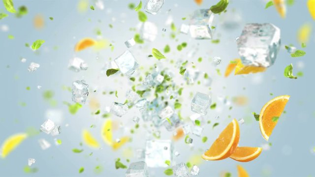 Exploding frosted ice cube with fruits and leafs in 4K