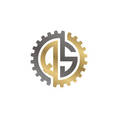 Initial letter Q and S, QS, interlock cogwheel gear logo, black gold on white background