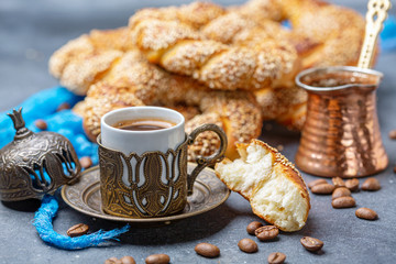 Fresh Turkish bagels with black coffee.