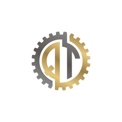 Initial letter Q and T, QT, interlock cogwheel gear logo, black gold on white background