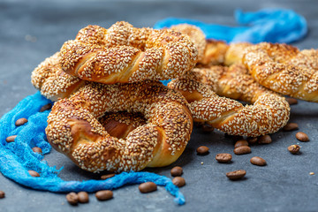 Traditional Turkish bagels close up.