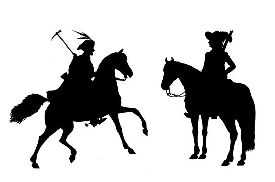 Mounted knights illustration. Mounted musketeer and croatian rider silhouette from thirty years war. Historical illustration.