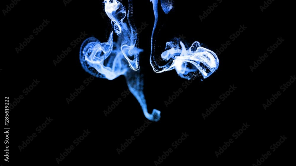 Poster 3d ink effect of advection, luminous blue particles float in liquid. glow particles move in a stream