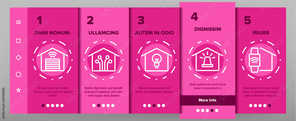 Poster smart home onboarding mobile app page screen set vector. control, camera, light settings and humidit