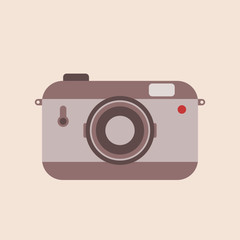 Cute photo camera on the beige background. Simple point and shoot camera. Vintage camera icon. Retro photography concept. Small film or digital camera. Vector illustration, flat style, clip art.