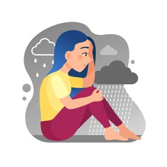 Vector illustration of a cute girl sitting in the rain. Symbol of sadness, and depression.