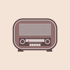 Vintage radio with buttons on the beige background. Broadcasting, old media, concept. Retro radio icon. Vector illustration of an old retro radio receiver. Antique radio, 20th century. Flat style. 