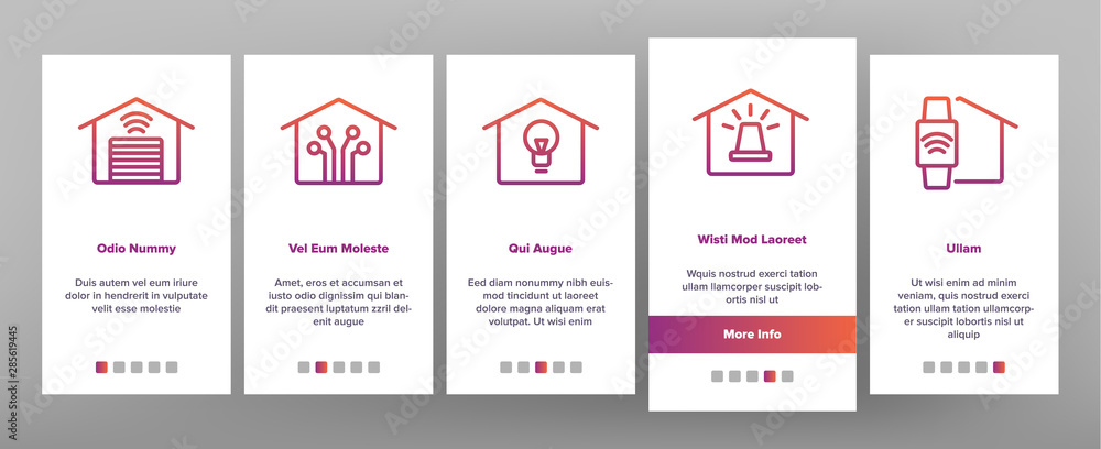 Poster smart home onboarding mobile app page screen set vector. control, camera, light settings and humidit