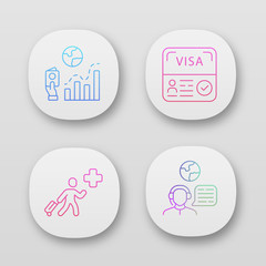 Immigration app icons set. Migration rate, start up visa. Humanitarian immigrant, travel consultant. Travelling abroad. UI/UX user interface. Web or mobile applications. Vector isolated illustrations