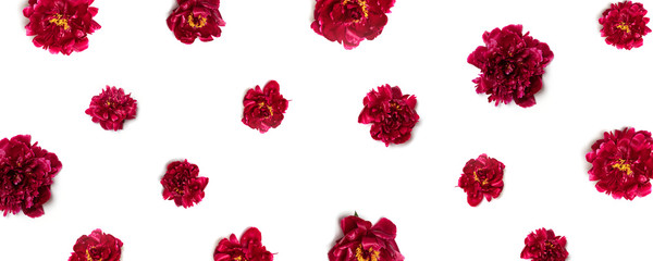 Greeting card mockup. Happy mothers day concept. Fresh pink peonies on white background top view, space for text.