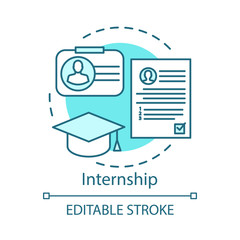 Internship concept icon. Part-time job for undergraduates idea thin line illustration. Training and apprenticeship. Gain practical experience. Vector isolated outline drawing. Editable stroke