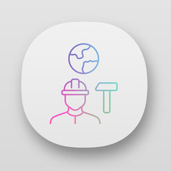 Job for immigrants app icon. Migrant, refugee employment. Finding work abroad. Hard hat worker, handyman. UI/UX user interface. Web or mobile applications. Vector isolated illustrations
