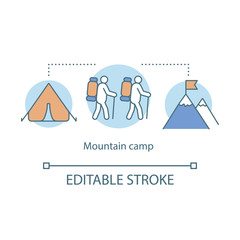 Obraz premium Mountain hiking, trekking camp concept icon. Summer camping holiday resort idea thin line illustration. Travelling in mountains, rock climbing. Vector isolated outline drawing. Editable stroke