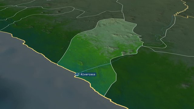River Cess - county of Liberia with its capital zoomed on the physical map of the globe. Animation 3D