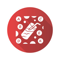 Vitamin cocktail red flat design long shadow glyph icon. A, B, C, D, E, K vitamins. Multivitamins drink. Vital minerals and antioxidants. Healthcare and medicine. Vector silhouette illustration