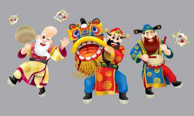  Three cute Chinese gods (represent long life, wealthy and career) performing traditional Chinese lion dance. Isolated. With different colors.