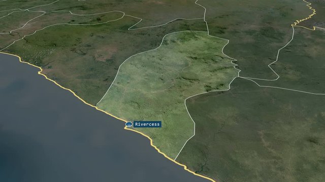 River Cess - county of Liberia with its capital zoomed on the satellite map of the globe. Animation 3D