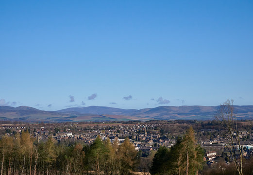 A view of Brechin from the Valley side looking north to the Angus Glens on a bright Spring day in March. Brechin, Angus, Scotland.