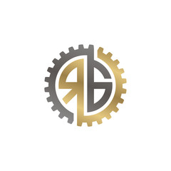 Initial letter R and G, RG, interlock cogwheel gear logo, black gold on white background