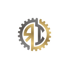 Initial letter R and I, RI, interlock cogwheel gear logo, black gold on white background