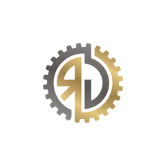 Initial letter R and J, RJ, interlock cogwheel gear logo, black gold on white background