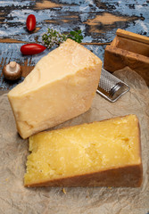 Cheese collection, hard cheeses from North Italy, aged Maniva cheese from Alps, parmesan from Parma or Grana Padano