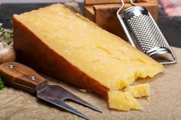 Cheese collection, aged Maniva cheese from Alpine valleys near Mount Maniva, North Italy